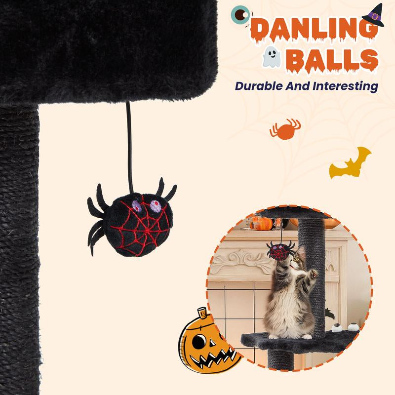 EROMMY 29" Gothic Multi-Level Cat Tree, Small Indoor Cat Tower with Bat Wings Platform, Scratching Posts, Hanging Toy & Cozy Perch, Halloween Black & Red