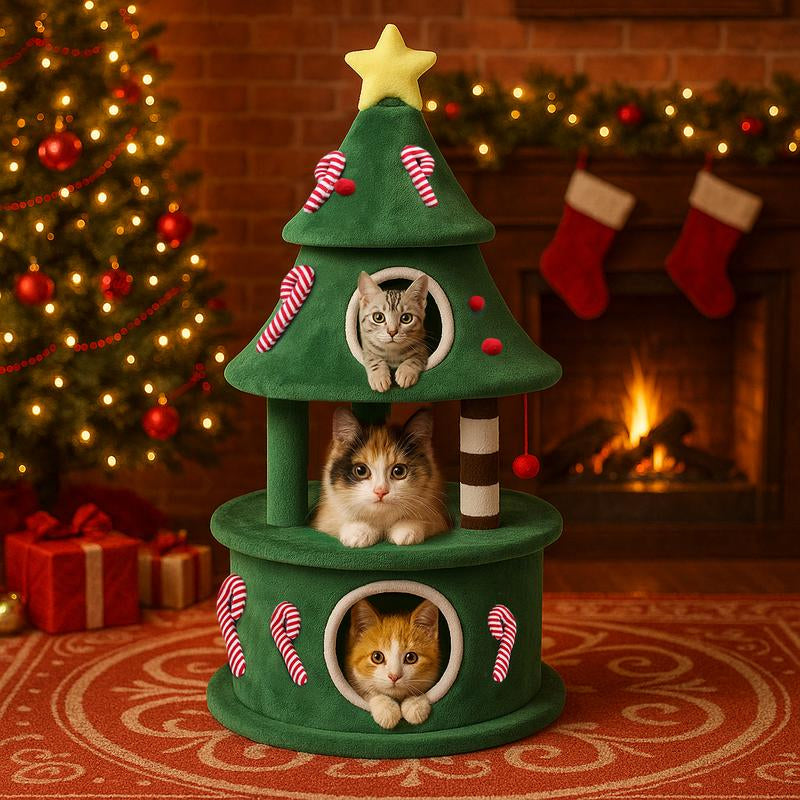 Comhoma 50 Inches Cat Tree for Indoor Kitty,Tower with 2 Condos, Christmas Tree Party Decoration, Activity Center Play House and Beds