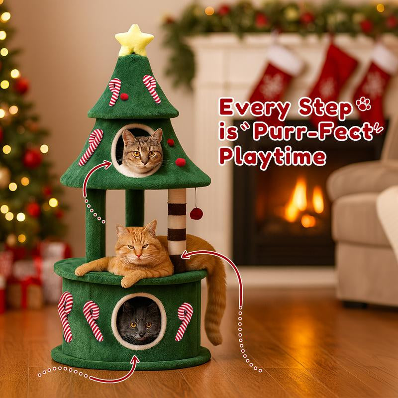 Comhoma 50 Inches Cat Tree for Indoor Kitty,Tower with 2 Condos, Christmas Tree Party Decoration, Activity Center Play House and Beds