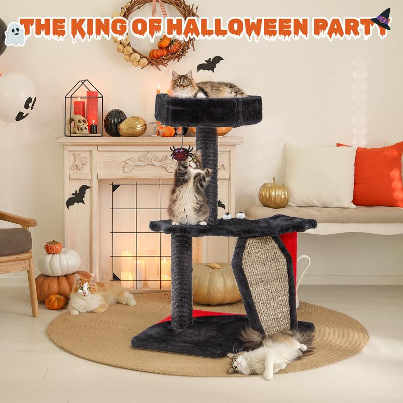 EROMMY 29" Gothic Multi-Level Cat Tree, Small Indoor Cat Tower with Bat Wings Platform, Scratching Posts, Hanging Toy & Cozy Perch, Halloween Black & Red