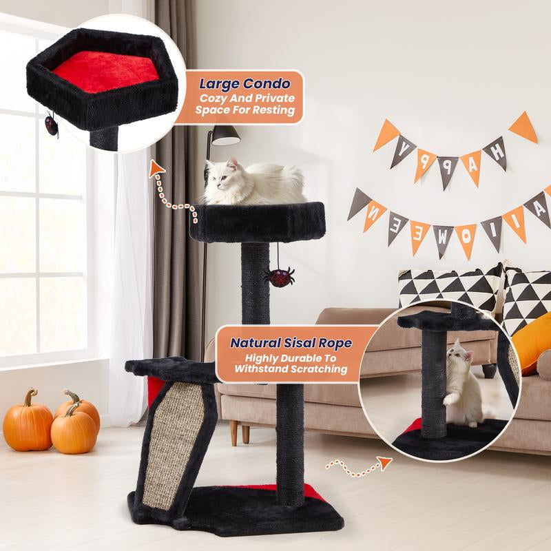 EROMMY 29" Gothic Multi-Level Cat Tree, Small Indoor Cat Tower with Bat Wings Platform, Scratching Posts, Hanging Toy & Cozy Perch, Halloween Black & Red