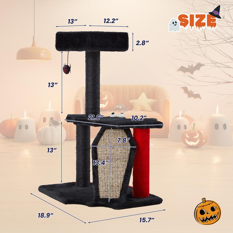 EROMMY 29" Gothic Multi-Level Cat Tree, Small Indoor Cat Tower with Bat Wings Platform, Scratching Posts, Hanging Toy & Cozy Perch, Halloween Black & Red