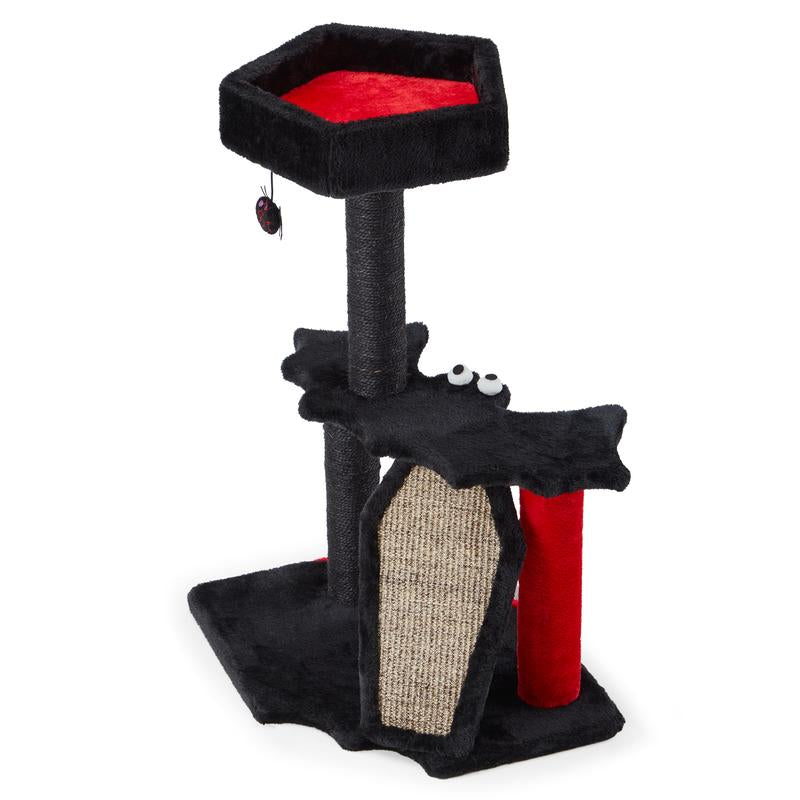 EROMMY 29" Gothic Multi-Level Cat Tree, Small Indoor Cat Tower with Bat Wings Platform, Scratching Posts, Hanging Toy & Cozy Perch, Halloween Black & Red