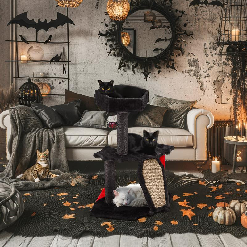 EROMMY 29" Gothic Multi-Level Cat Tree, Small Indoor Cat Tower with Bat Wings Platform, Scratching Posts, Hanging Toy & Cozy Perch, Halloween Black & Red