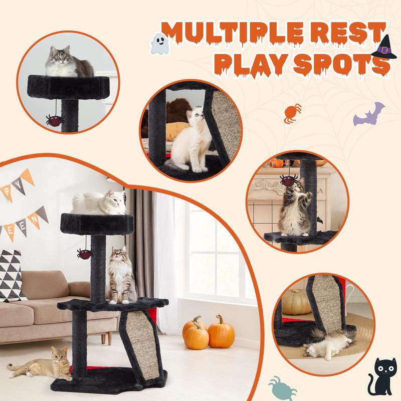 EROMMY 29" Gothic Multi-Level Cat Tree, Small Indoor Cat Tower with Bat Wings Platform, Scratching Posts, Hanging Toy & Cozy Perch, Halloween Black & Red