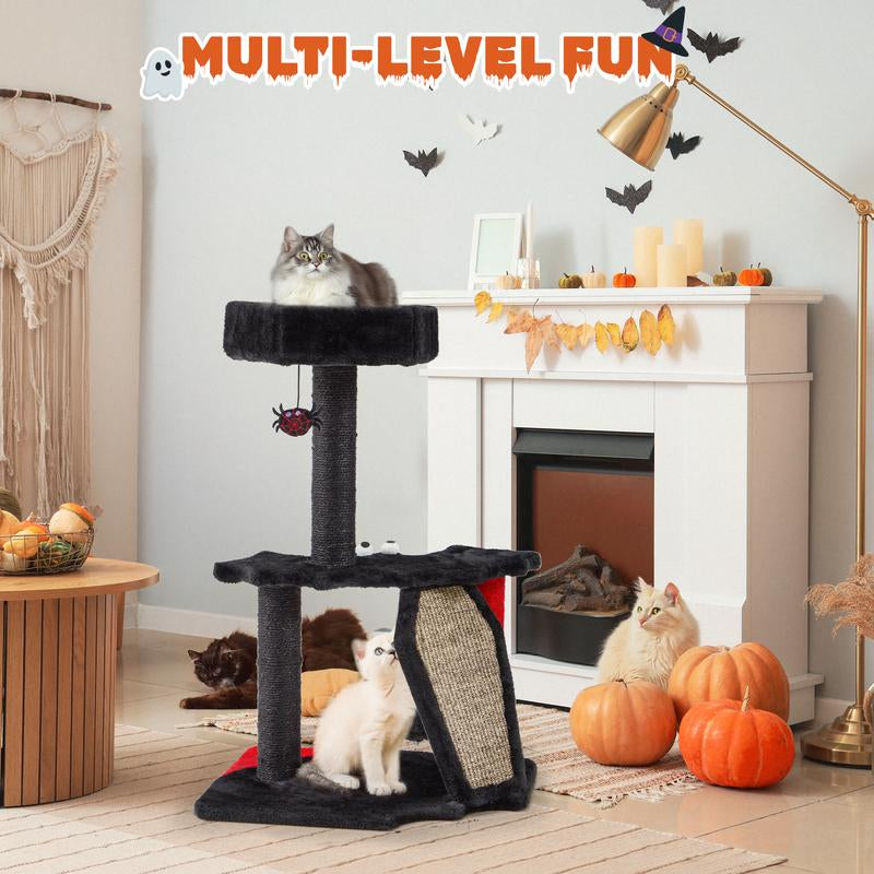 EROMMY 29" Gothic Multi-Level Cat Tree, Small Indoor Cat Tower with Bat Wings Platform, Scratching Posts, Hanging Toy & Cozy Perch, Halloween Black & Red