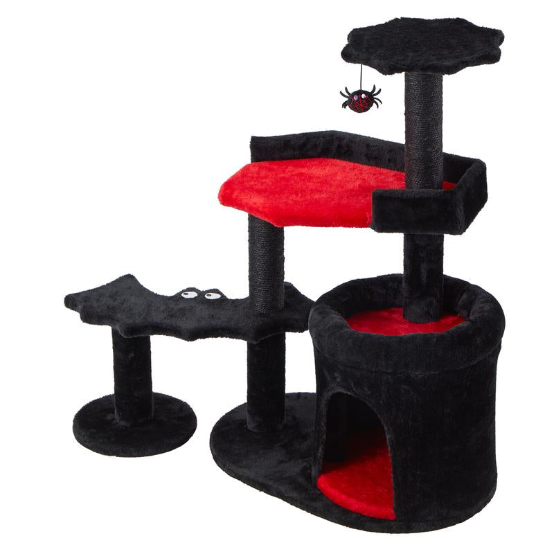 EROMMY 29" Gothic Multi-Level Cat Tree, Small Indoor Cat Tower with Bat Wings Platform, Scratching Posts, Hanging Toy & Cozy Perch, Halloween Black & Red
